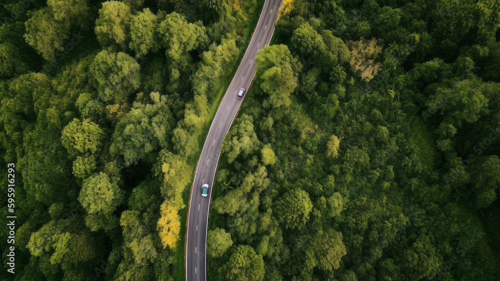 aerial perspective of a winding forest road Generative AI - obrazy, fototapety, plakaty 
