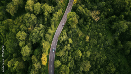 aerial perspective of a winding forest road Generative AI