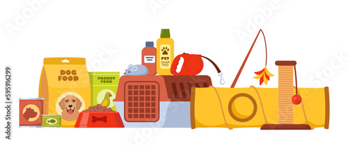 Pet accessories and food set. Dogs and cats supplies, pet shop equipment, toys, home, bowl, cage, scratching post, ball, collar, dog bed. Pet care equipment. Vector illustration.