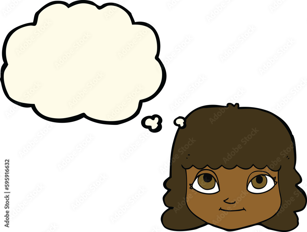 cartoon happy female face with thought bubble