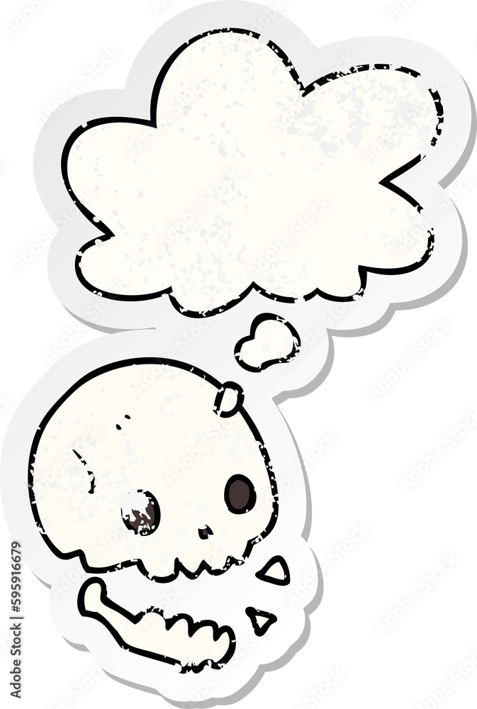 cartoon spooky skull with thought bubble as a distressed worn sticker cartoon spooky skull with thought bubble as a distressed worn sticker