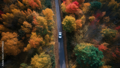 road through the autumn forest. View from above. Generative AI