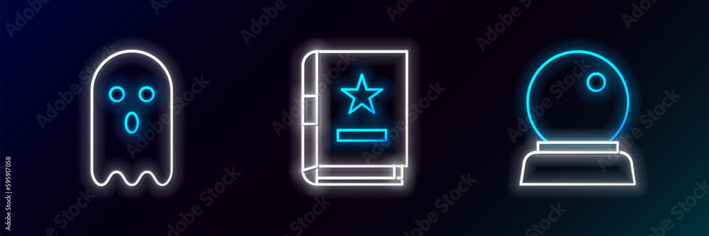 Set line Magic ball, Ghost and Ancient magic book icon. Glowing neon. Vector Set line Magic ball, Ghost and Ancient magic book icon. Glowing neon. Vector