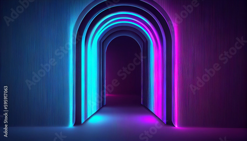 Abstract Geometric Background with Pink and Blue Neon Lines Glowing in the Dark (Generative AI)