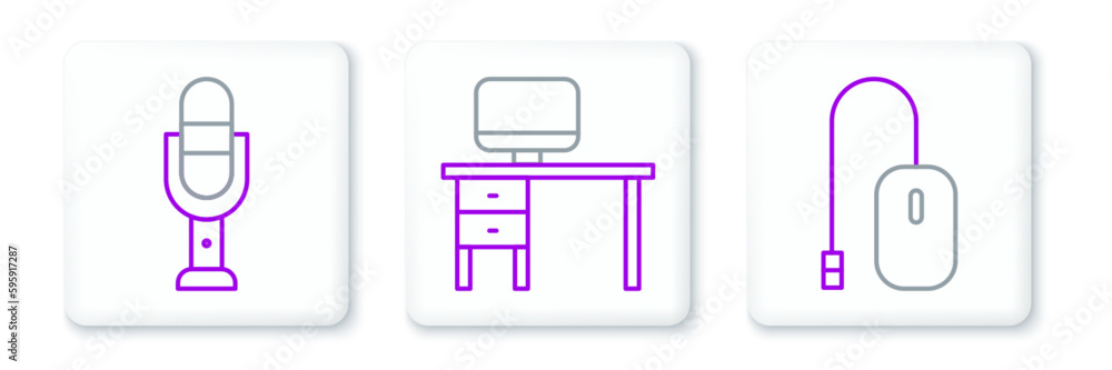 Set line Computer mouse, Microphone and monitor and desk icon. Vector Set line Computer mouse, Microphone and monitor and desk icon. Vector