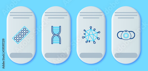 Set line DNA symbol, Virus, Pills in blister pack and Medical protective mask icon. Vector