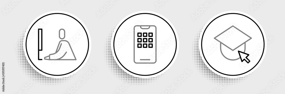 Set line Graduation cap on globe, Student working laptop and Mobile phone icon. Vector Set line Graduation cap on globe, Student working laptop and Mobile phone icon. Vector