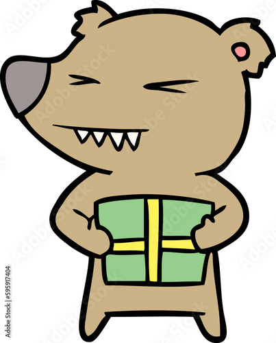 angry bear cartoon with gift