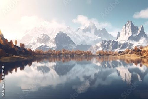 3d render  fantasy landscape panorama with mountains reflecting in the water. Abstract background. Generated with AI. 