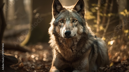 Portrait of a wolf in the woods, Generative AI