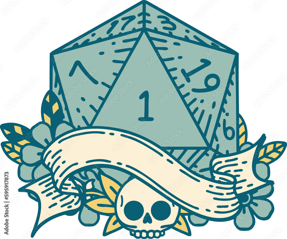 Retro Tattoo Style natural one d20 dice roll