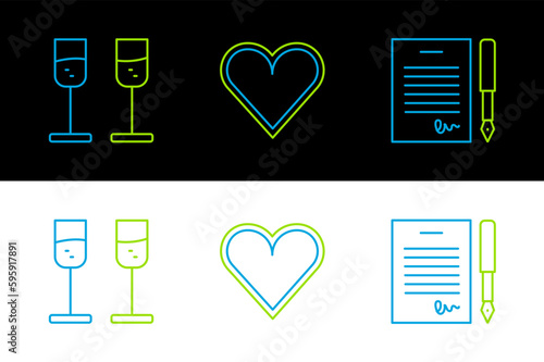 Set line Marriage contract, Glass of champagne and Heart icon. Vector