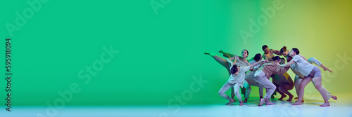 Banner with dance team of young adorable girls moving to the beat of the music on green gradient background in neon light. Copy space for ad, text