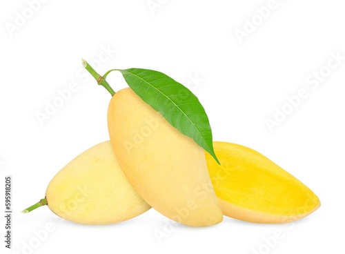 Ripe Mango with green leaf isolated on white background. Clipping path.