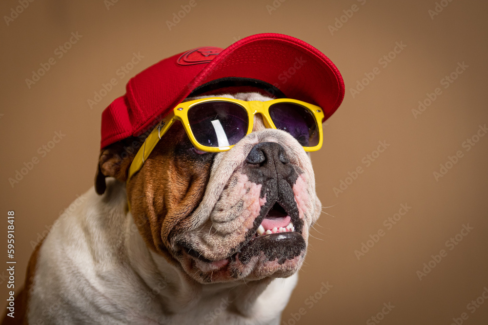 Bulldogue ingles com bone vermelho e óculos amarelo