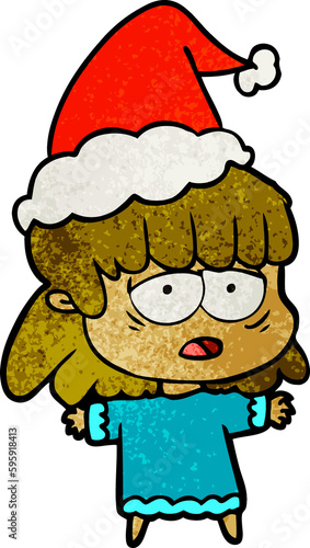 hand drawn textured cartoon of a tired woman wearing santa hat © lineartestpilot