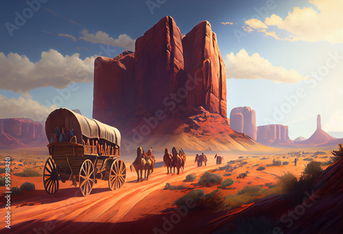 Print op canvas A group of settlers in covered wagons trundle across a parched desert landscape, the hot sun beating down on their weary faces