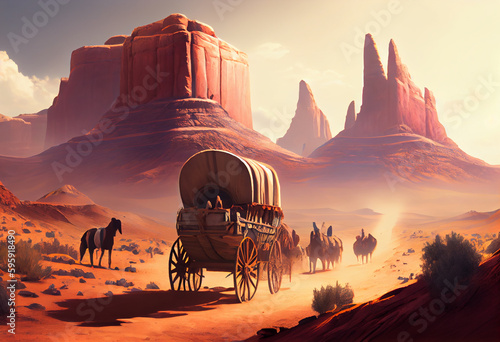 Photo A group of settlers in covered wagons trundle across a parched desert landscape, the hot sun beating down on their weary faces