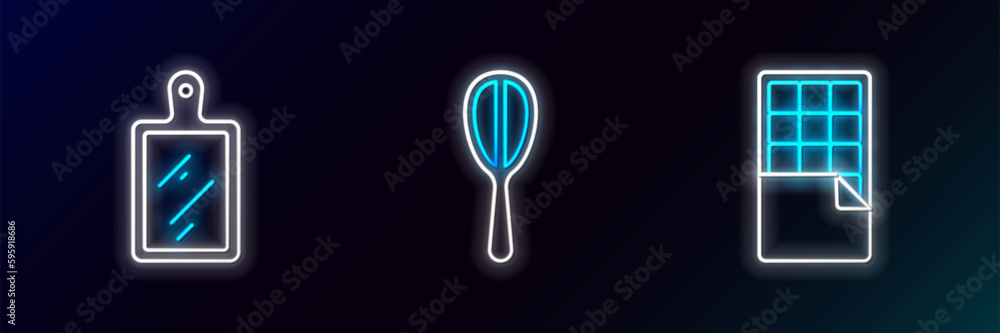 Set line Chocolate bar, Cutting board and Kitchen whisk icon. Glowing neon. Vector Set line Chocolate bar, Cutting board and Kitchen whisk icon. Glowing neon. Vector