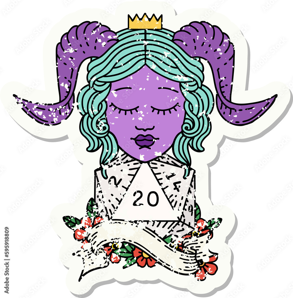 grunge sticker of a tiefling with natural twenty dice roll grunge sticker of a tiefling with natural twenty dice roll