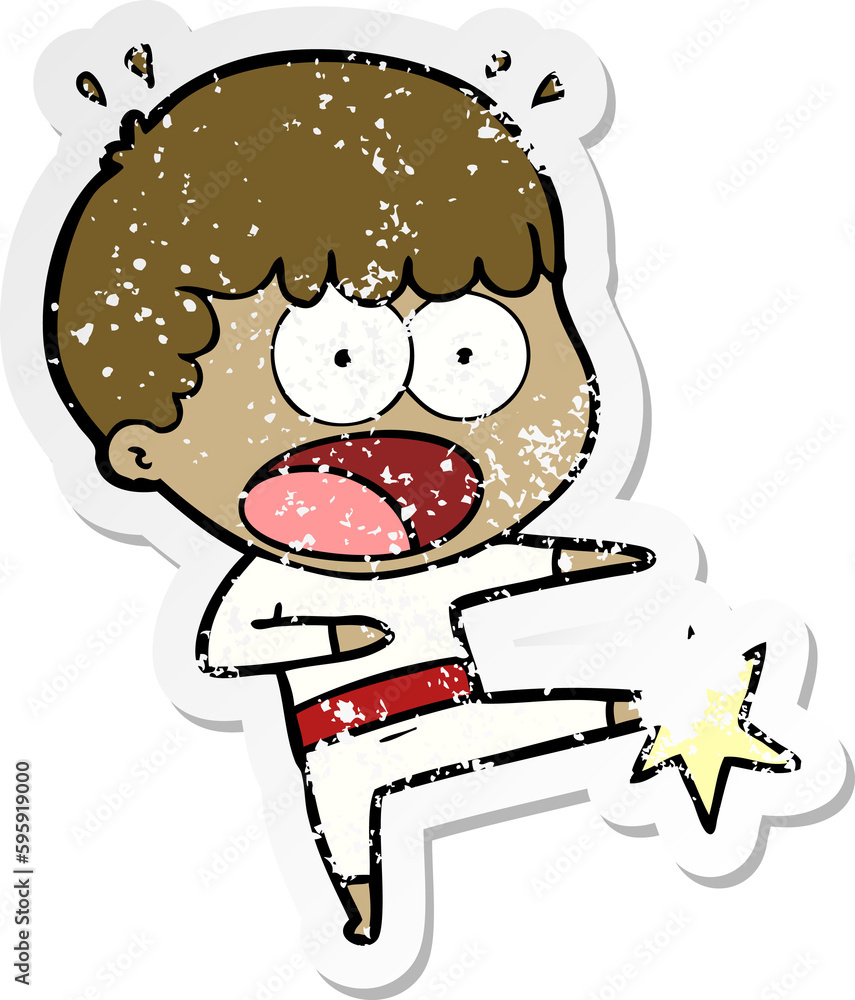 distressed sticker of a cartoon boy karate kicking distressed sticker of a cartoon boy karate kicking