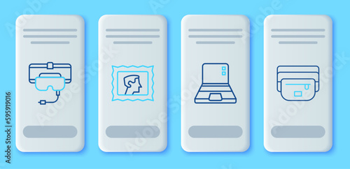 Set line Postal stamp, Laptop, Virtual reality glasses and Waist bag of banana icon. Vector