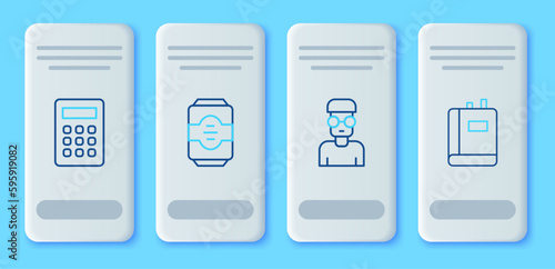 Set line Energy drink, Nerd geek, Calculator and Book icon. Vector