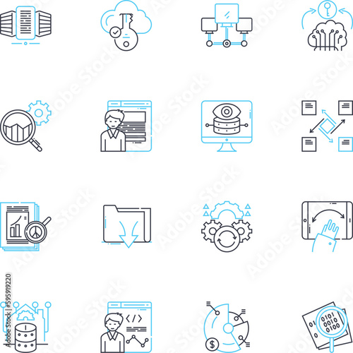 Information governance linear icons set. Compliance, Security, Risk, Governance, Records, Auditing, Storage line vector and concept signs. Policy,Access,Preservation outline illustrations