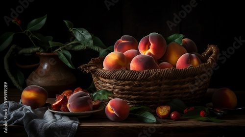 Peaches in a basket, Fresh, Juciy, Summer, Healthy, Farming, Harvesting, Environment, Perfessional and  award-winning photograph, Close-up - Generative AI photo