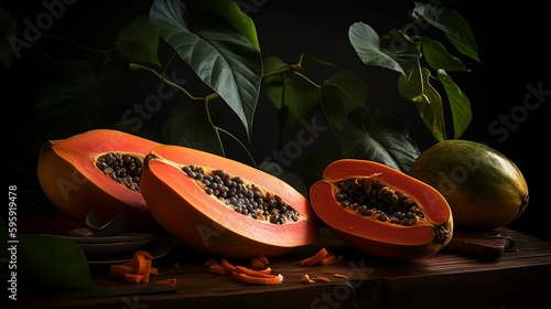 Papayas with leaves, cut, Fresh, Juciy, Summer, Healthy, Farming, Harvesting, Environment, Perfessional and  award-winning photograph, Close-up - Generative AI photo