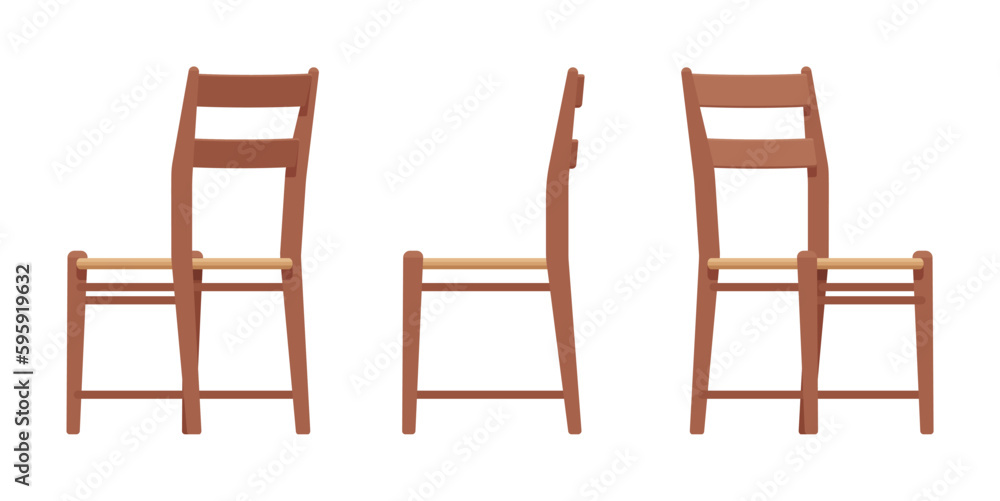 Ladder back brown wood dining chair set. Restaurant, bar, café, kitchen classic seating. Vector flat style cartoon home, office furniture articles isolated on white background front, side, rear view Ladder back brown wood dining chair set. Restaurant, bar, café, kitchen classic seating. Vector flat style cartoon home, office furniture articles isolated on white background front, side, rear view