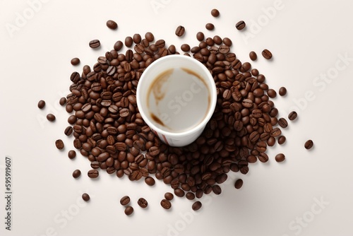 Paper cup and coffee beans arranged in a heart shape on white background. Valentines card for coffee lovers. Top view. Flat lay. 3D illustration. Generative AI