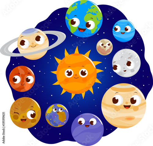 Cute planet characters of solar system in space. Vector illustration