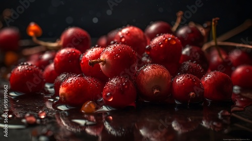 Cranberries with water drops, Fresh, Juciy, Summer, Healthy, Farming, Harvesting, Environment, Perfessional and award-winning photograph, Close-up - Generative AI