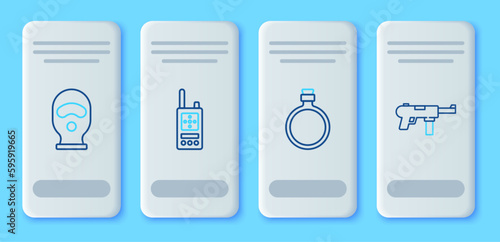 Set line Walkie talkie, Canteen water bottle, Balaclava and Submachine gun M3 icon. Vector