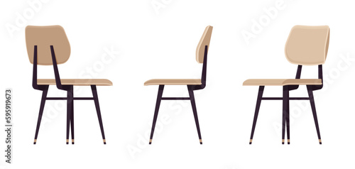 Comfortable family leisure beige chair set. Kitchen, dining room, commercial, living space. Vector flat style cartoon home, office furniture articles isolated, white background front, side, rear view