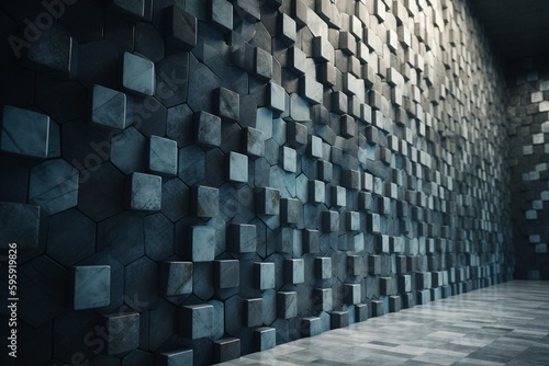 Futuristic 3D wall of diamond-shaped concrete mosaic tiles arranged in blocks. Generative AI