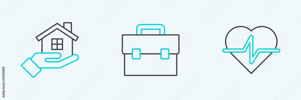 Set line Life insurance, House hand and Briefcase icon. Vector Set line Life insurance, House hand and Briefcase icon. Vector