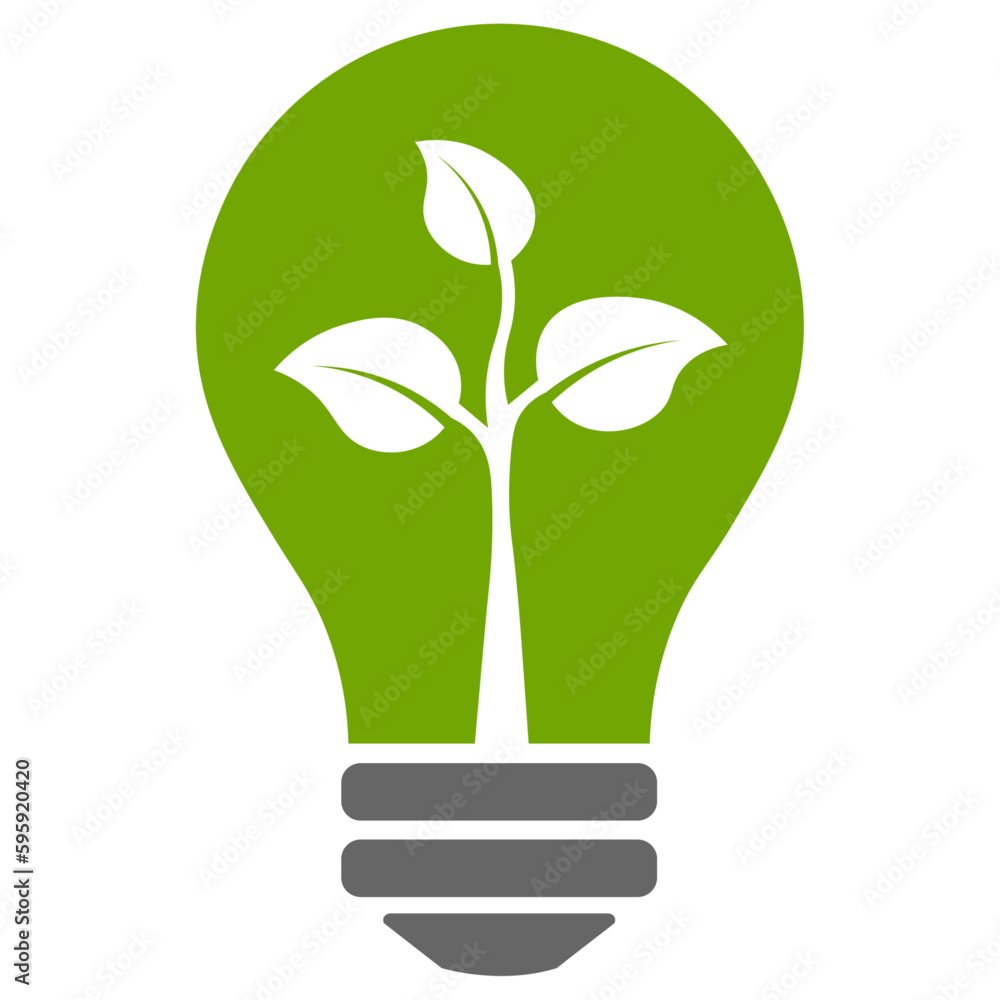 Light bulb, green color eco friendly energy icon with leaf. Sustainable, renewable, logo concept of green energy and environmental friendly sources graphic, isolated on white background. Light bulb, green color eco friendly energy icon with leaf. Sustainable, renewable, logo concept of green energy and environmental friendly sources graphic, isolated on white background.