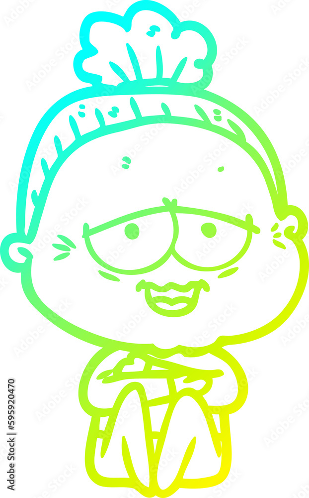 cold gradient line drawing of a cartoon happy old lady