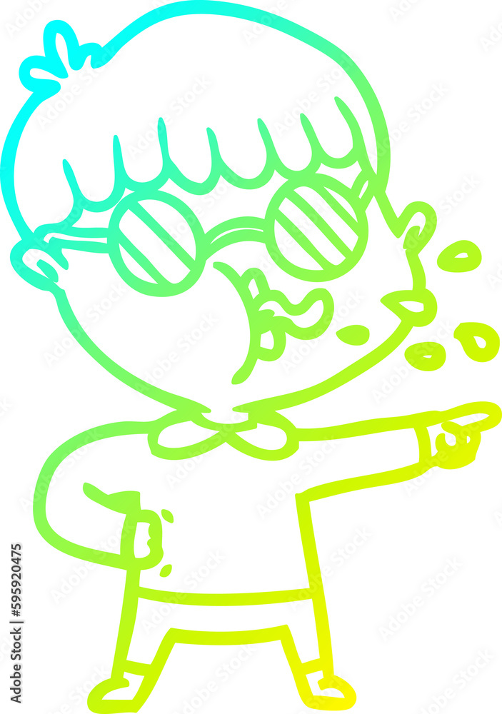 cold gradient line drawing of a cartoon boy wearing spectacles and pointing cold gradient line drawing of a cartoon boy wearing spectacles and pointing