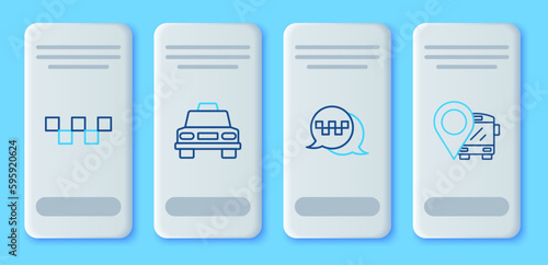 Set line Taxi car, call telephone service, roof and Location with bus icon. Vector