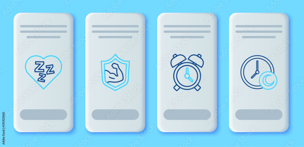 Set line Bodybuilder muscle, Alarm clock, Sleepy and Time to sleep icon. Vector Set line Bodybuilder muscle, Alarm clock, Sleepy and Time to sleep icon. Vector