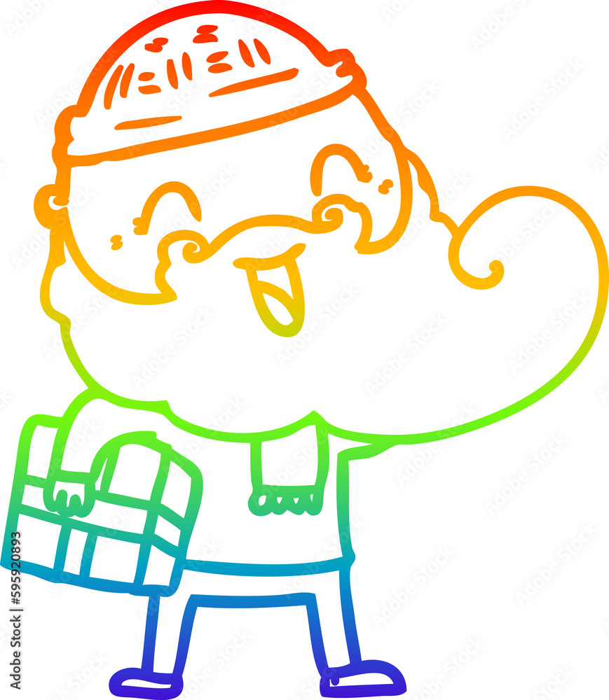 rainbow gradient line drawing of a happy bearded man holding christmas present rainbow gradient line drawing of a happy bearded man holding christmas present