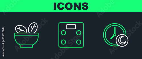 Set line Time to sleep, Salad in bowl and Bathroom scales icon. Vector