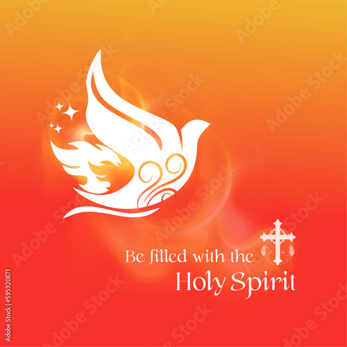 Jesus Be Filled with Holy Spirit, Pentecost Sunday, Come, Prayers, Wishes, Dove with Flame On Bright Yellow Background, Vector Templates, Poster, Banner, Backdrop