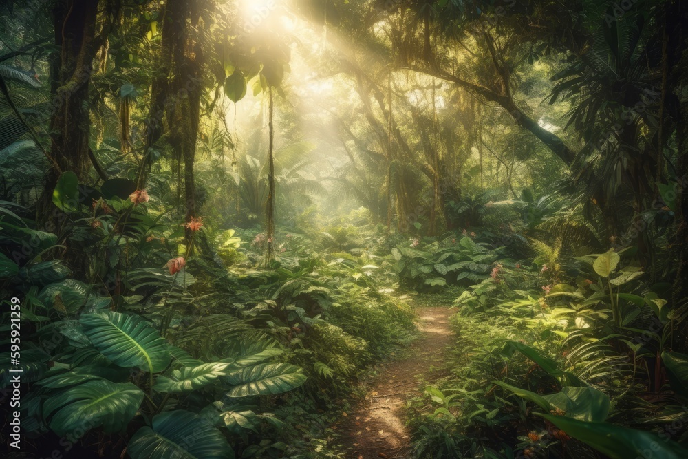 Lush tropical rainforest, with massive leaves, twisting vines and exotic flowers abloom while sunlight filters through the canopy. Generative AI