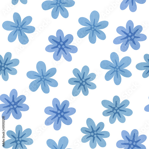 Blue flowers seamless pattern. Small hand drawn monochrome blue flowers on white background. Floral allover print