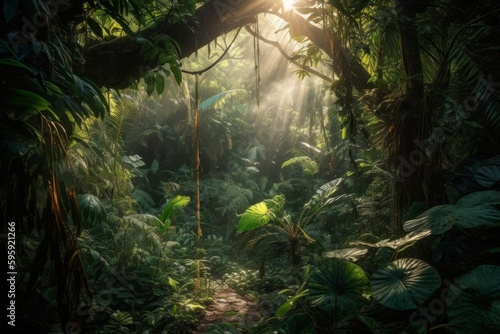 Lush tropical rainforest  with massive leaves  twisting vines and exotic flowers abloom while sunlight filters through the canopy. Generative AI