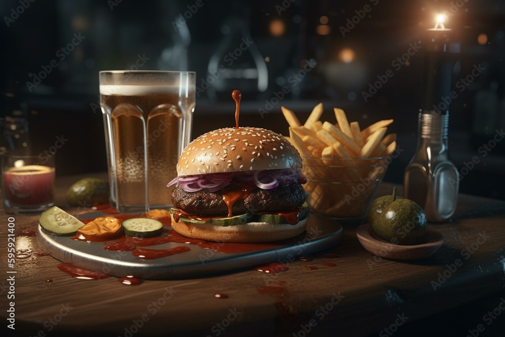 3D rendered depiction of a quick meal with burger, fries, and soda. Generative AI